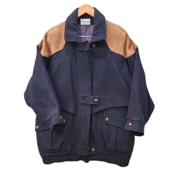 VINTAGE TRENDZ Oversized WOOL COAT Navy,/Brown, Women's 13/14 - Picture 3 of 11